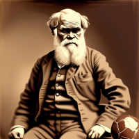 Charles Darwin wearing a LIverpool FC football jersey, fist pump