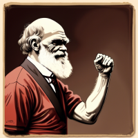 happy Charles Darwin wearing a LIverpool FC football jersey, fist pump 