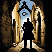 Design a cover image for a police thriller book, featuring a play of shadows and light against the backdrop of La Rochelle. The atmosphere should be mysterious and dark to reflect the novel's suspense. In the center, a lone detective, classically but sharply dressed, searches through the shadows of the old town. Behind him, the shadow of a Templar cross is cast on ancient walls, hinting at a hidden connection with the ancient order and the librarian's murder. The title 'Shadows over La Rochelle' should be inscribed in an elegant yet menacing font at the top of the cover while the bottom may subtly reference ancient manuscripts tied to the Templars.