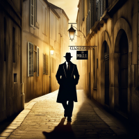 Design a cover image for a police thriller book, featuring a play of shadows and light against the backdrop of La Rochelle. The atmosphere should be mysterious and dark to reflect the novel's suspense. In the center, a lone detective, classically but sharply dressed, searches through the shadows of the old town. Behind him, the shadow of a Templar cross is cast on ancient walls, hinting at a hidden connection with the ancient order and the librarian's murder. The title 'Shadows over La Rochelle' should be inscribed in an elegant yet menacing font at the top of the cover while the bottom may subtly reference ancient manuscripts tied to the Templars.