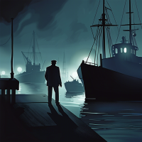 Design a book cover illustration for a police thriller, capturing a dark and mysterious mood at the port of La Rochelle. The image should convey a night scene with interplay of shadows and a faint mist hovering over the waters, reflecting the mystery and tension of the investigation. A lone detective should be discreetly portrayed within the setting, surveying the docked old boats, with a thoughtful demeanor. Subtle elements such as hidden script pieces or a discreet Templar cross can be woven 