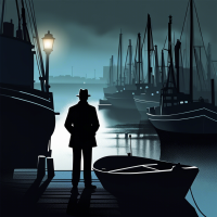 Design a book cover illustration for a police thriller, capturing a dark and mysterious mood at the port of La Rochelle. The image should convey a night scene with interplay of shadows and a faint mist hovering over the waters, reflecting the mystery and tension of the investigation. A lone detective should be discreetly portrayed within the setting, surveying the docked old boats, with a thoughtful demeanor. Subtle elements such as hidden script pieces or a discreet Templar cross can be woven 