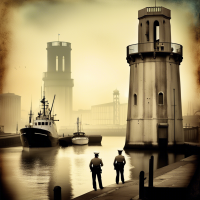 Design a book cover that captures the essence of a police thriller set in the port of La Rochelle, with the image tinted in the sepia and pastel hues characteristic of early color photographs. Incorporate a view where La Rochelle's two iconic towers stand tall, framing a foggy, nighttime scene. In the hazy ambiance, a silhouette, which is a detective deep in investigation, subtly stands out, his gaze lost in the dark waters, only lit by flickering lanterns that evoke the