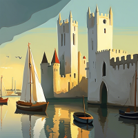 Design a book cover image for a detective novel set in La Rochelle. The artwork should feature the medieval Chain and Saint Nicolas towers standing as impenetrable guardians over the old harbor, bathed in the warm glow of a setting sun. The juxtaposition of the ancient and the modern is a key element, with modern boats with white sails docked near the time-worn grey stones. The atmosphere should evoke tension and mystery, perhaps with the blurred silhouette of a character in the foreground, appearing to either observe the scene or to be on the verge of uncovering a pivotal clue in their investigation.