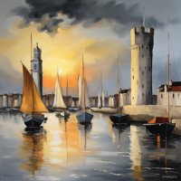 Depict a scene at the old port of La Rochelle at dusk. The image should include the two historic towers, the Chain Tower and the Saint Nicolas Tower, watching over the movement of the waves under the golden light of the setting sun. Modern sailboats with stark white sails should be juxtaposed against the grey, majestic backdrop of the medieval towers. Add an aura of mystery and suspense, with a solitary figure - perhaps a detective or investigator, whose implied presence brings a narrative tension to the serene maritime scene.