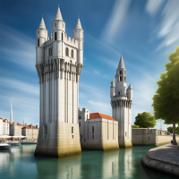 Produce a realistic image of The Towers of La Rochelle, focusing on the Chain Tower and the Saint-Nicolas Tower. Capture the beauty and authenticity of these historical structures with photographic precision and quality. Daylight should illuminate the stone façades, revealing their texture and ancient majesty, while the port's daily life unfolds naturally around them, with sailboats and fishing vessels adding liveliness and authenticity to the scene.