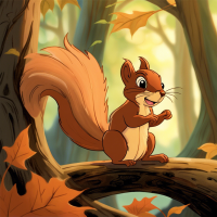 An inquisitive and playful squirrel, meticulously hand-drawn in Don Bluth's iconic classic animation style, featuring soft hues and detailed textures conveying a feel of nostalgia. The squirrel is caught in a joyous moment as it navigates an enchanting forest landscape dotted with ancient oaks and natural light filtering through the foliage, in the style of 'The Secret of NIMH'.