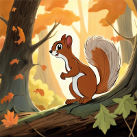 An inquisitive and playful squirrel, meticulously hand-drawn in Don Bluth's iconic classic animation style, featuring soft hues and detailed textures conveying a feel of nostalgia. The squirrel is caught in a joyous moment as it navigates an enchanting forest landscape dotted with ancient oaks and natural light filtering through the foliage, in the style of 'The Secret of NIMH'.