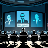A tense and mysterious scene within a dimly lit government hearing room related to foreign anomalous health incidents. The focus is on an empty chair, surrounded by silhouetted officials against a backdrop of cryptic digital screens. The hyperrealistic style conveys the gravity of the situation, with dramatic lighting that casts long shadows, and a color palette of cold blues and grays juxtaposed with warm spotlights. Influenced by the intense, uneasy atmosphere of Francis Bacon's works. Absent are any explicit depictions of violence or sensationalism, maintaining respect and sophistication.