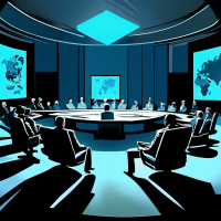 A tense and mysterious scene within a dimly lit government hearing room related to foreign anomalous health incidents. The focus is on an empty chair, surrounded by silhouetted officials against a backdrop of cryptic digital screens. The hyperrealistic style conveys the gravity of the situation, with dramatic lighting that casts long shadows, and a color palette of cold blues and grays juxtaposed with warm spotlights. Influenced by the intense, uneasy atmosphere of Francis Bacon's works. Absent are any explicit depictions of violence or sensationalism, maintaining respect and sophistication.