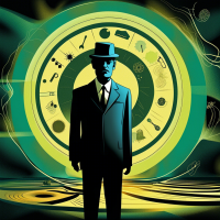 A seasoned diplomat silhouetted against an abstract depiction of unexplained symptoms and bureaucratic obstacles. Combine a semi-abstract digital art style with surreal elements reminiscent of Dalí and Hopper, integrating visual metaphors such as sound waves or brain imagery in a tasteful manner, and incorporating symbols of government authority. Place emphasis on the character's resolve and the scientific breakthrough, avoiding sensationalism and ensuring a respectful and contemplative composition.