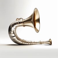 a metal trumpet shape viewed from the side , white background, a snake coming out of the hole in the end of the trumpet shape