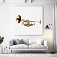 Create an artwork featuring a polished metal trumpet placed horizontally, with a white neutral background. The trumpet