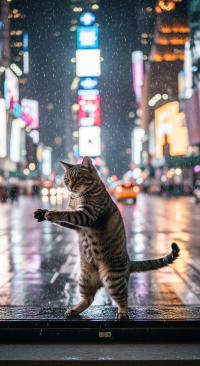 un chat entrain de danser sous la pluie à newyork