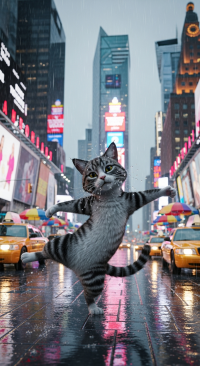 un chat entrain de danser sous la pluie à newyork
