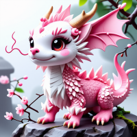Crée moi une image d’une créature fantastique mignonne blanche et rose  type dragon plante de Sakura 