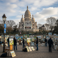 Place Montmartre avec ses peintres avec au fond la basilique 